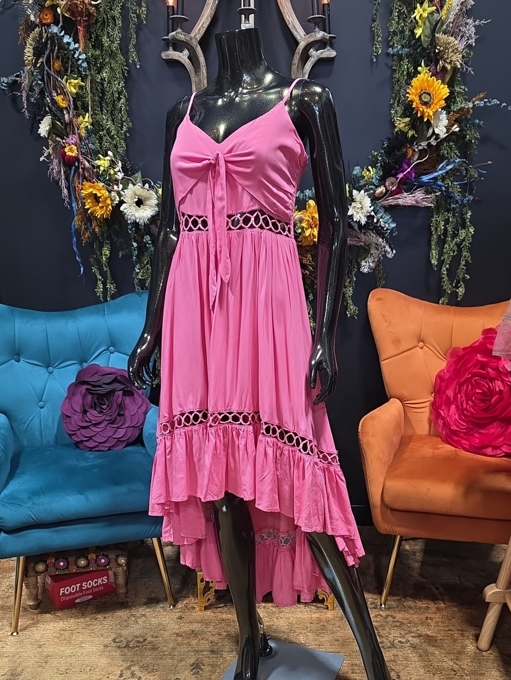 Main Strip Pink Tie-Front High-Low Midi Dress with Cutout Details